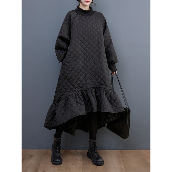 Casual Long Sleeves A-Line Rhombic Falbala High-Neck Midi Dresses