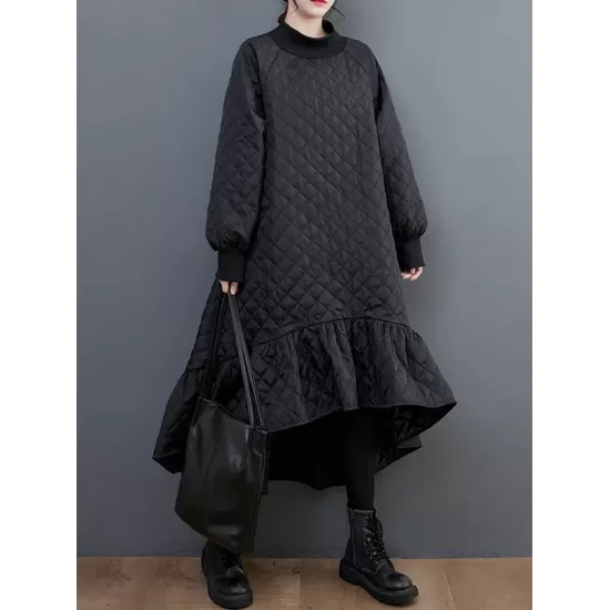 Casual Long Sleeves A-Line Rhombic Falbala High-Neck Midi Dresses