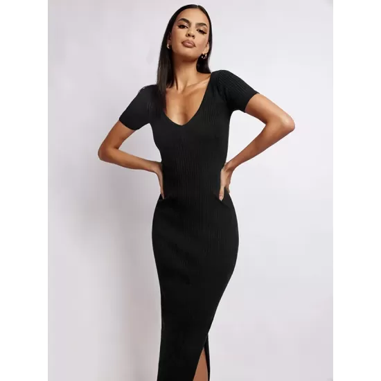 Simple Short Sleeves Skinny Solid Color V-Neck Midi Dresses