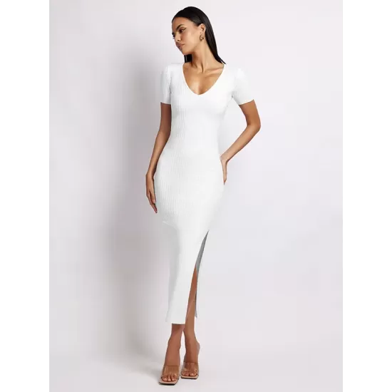 Simple Short Sleeves Skinny Solid Color V-Neck Midi Dresses