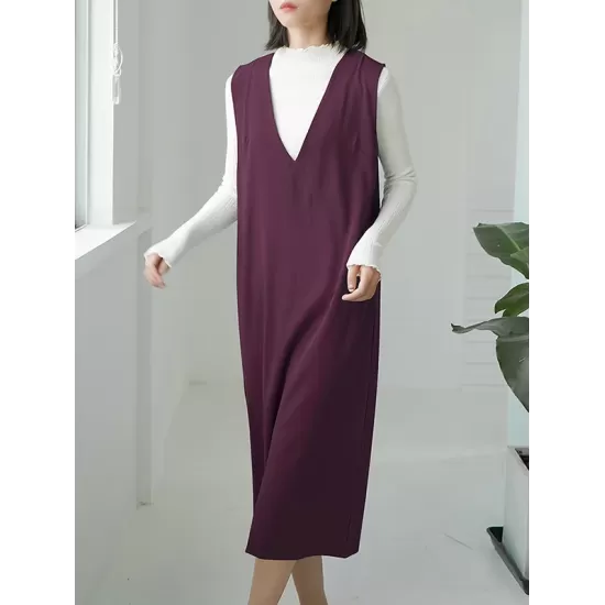 Casual A-Line Sleeveless Solid Color V-Neck Midi Dresses