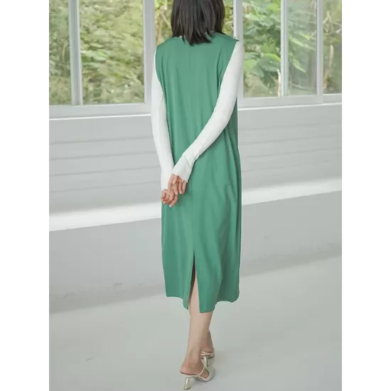 Casual A-Line Sleeveless Solid Color V-Neck Midi Dresses