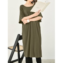 Casual Batwing Half Sleeves Solid Color Round-Neck Midi Dresses