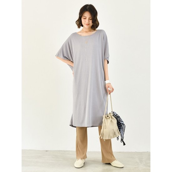 Casual Batwing Half Sleeves Solid Color Round-Neck Midi Dresses