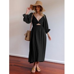 Original A-Line Loose Hollow Solid Color V-Neck Midi Dresses