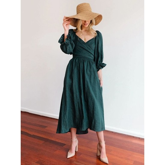 Original A-Line Loose Hollow Solid Color V-Neck Midi Dresses