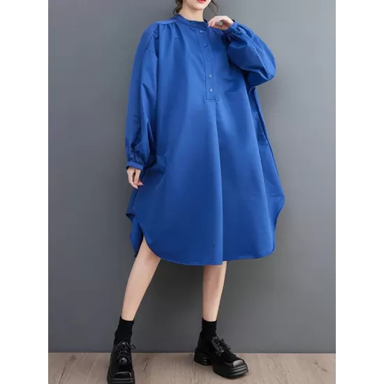 Loose Puff Sleeves Solid Color Stand Collar Midi Dresses