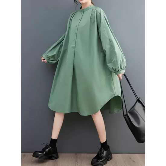 Loose Puff Sleeves Solid Color Stand Collar Midi Dresses