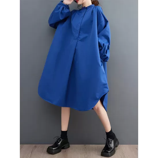 Loose Puff Sleeves Solid Color Stand Collar Midi Dresses