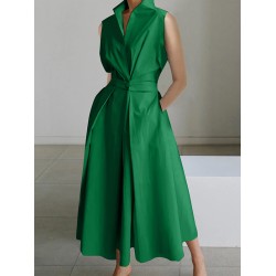 Sleeveless Solid Color Lapel Midi Dresses