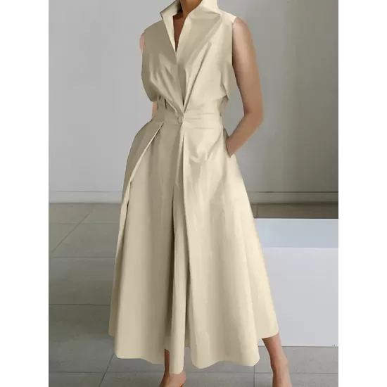 Sleeveless Solid Color Lapel Midi Dresses