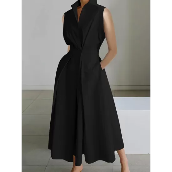 Sleeveless Solid Color Lapel Midi Dresses