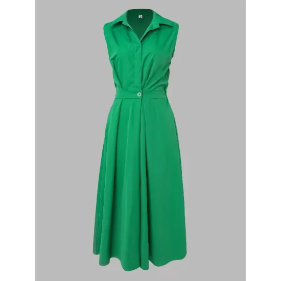 Sleeveless Solid Color Lapel Midi Dresses