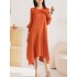 Pleated Solid Color Irregular clipping Loose Round-neck Midi Dresses