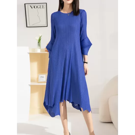 Pleated Solid Color Irregular clipping Loose Round-neck Midi Dresses