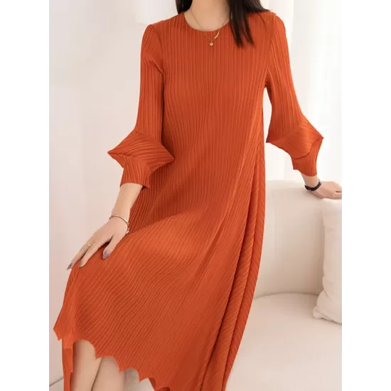 Pleated Solid Color Irregular clipping Loose Round-neck Midi Dresses