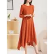 Pleated Solid Color Irregular clipping Loose Round-neck Midi Dresses