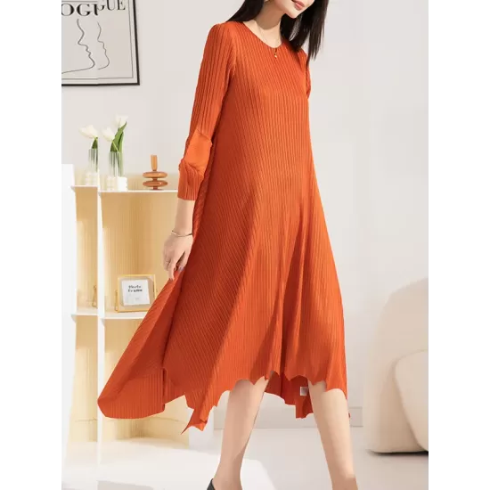 Pleated Solid Color Irregular clipping Loose Round-neck Midi Dresses