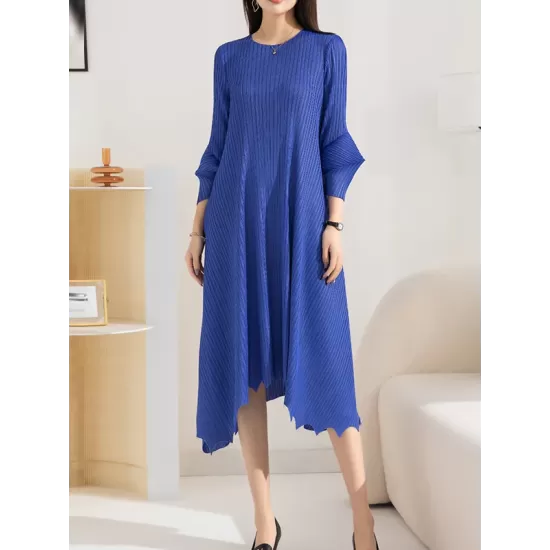 Pleated Solid Color Irregular clipping Loose Round-neck Midi Dresses