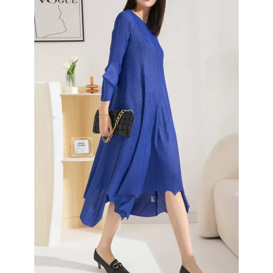 Pleated Solid Color Irregular clipping Loose Round-neck Midi Dresses