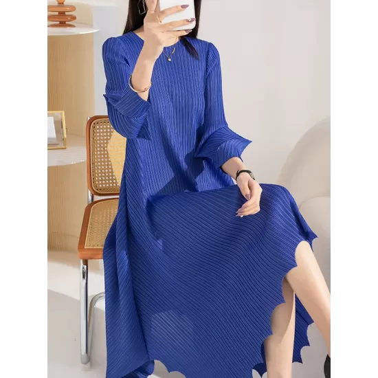 Pleated Solid Color Irregular clipping Loose Round-neck Midi Dresses