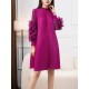 Embroidered Pleated Solid Color Long Sleeves Loose Round-neck Midi Dresses