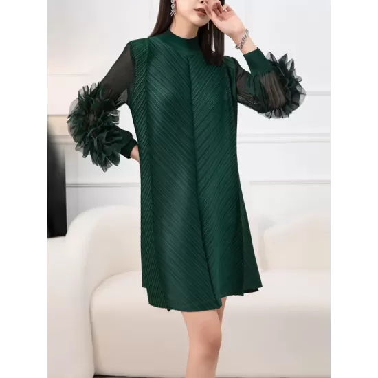 Embroidered Pleated Solid Color Long Sleeves Loose Round-neck Midi Dresses