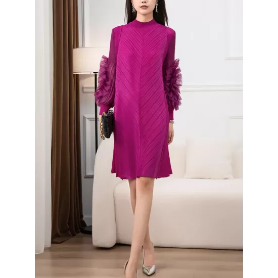 Embroidered Pleated Solid Color Long Sleeves Loose Round-neck Midi Dresses