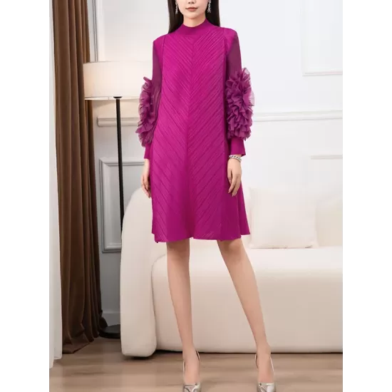 Embroidered Pleated Solid Color Long Sleeves Loose Round-neck Midi Dresses