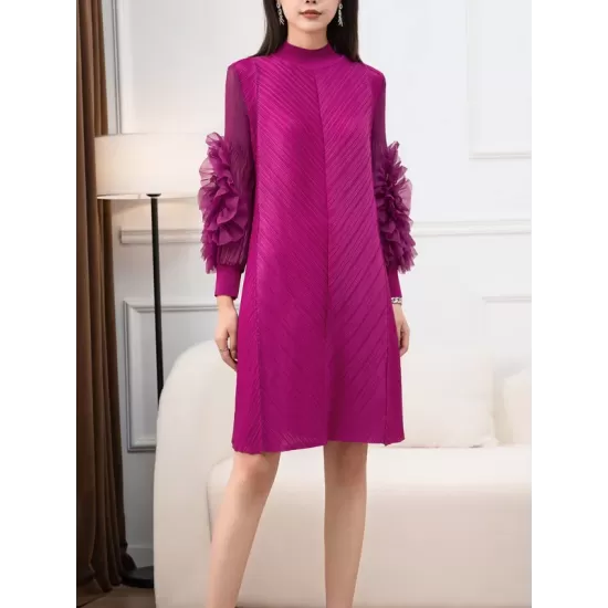 Embroidered Pleated Solid Color Long Sleeves Loose Round-neck Midi Dresses