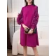 Embroidered Pleated Solid Color Long Sleeves Loose Round-neck Midi Dresses