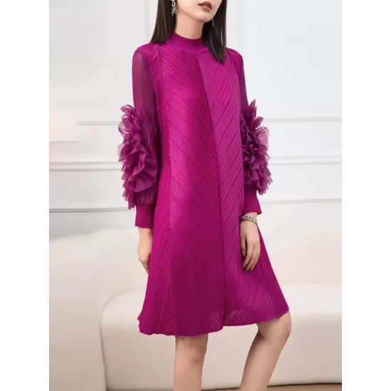 Embroidered Pleated Solid Color Long Sleeves Loose Round-neck Midi Dresses