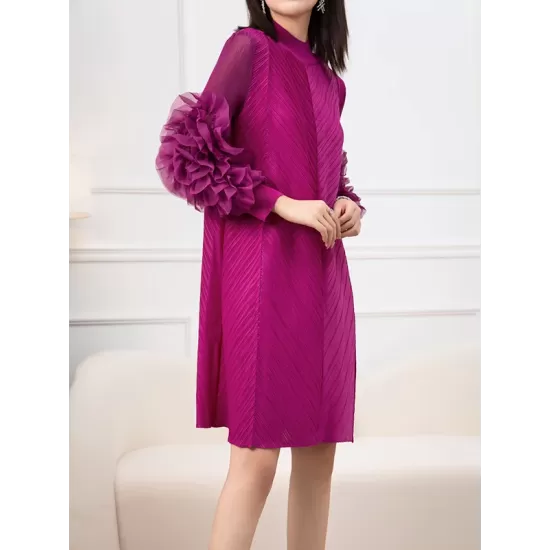 Embroidered Pleated Solid Color Long Sleeves Loose Round-neck Midi Dresses