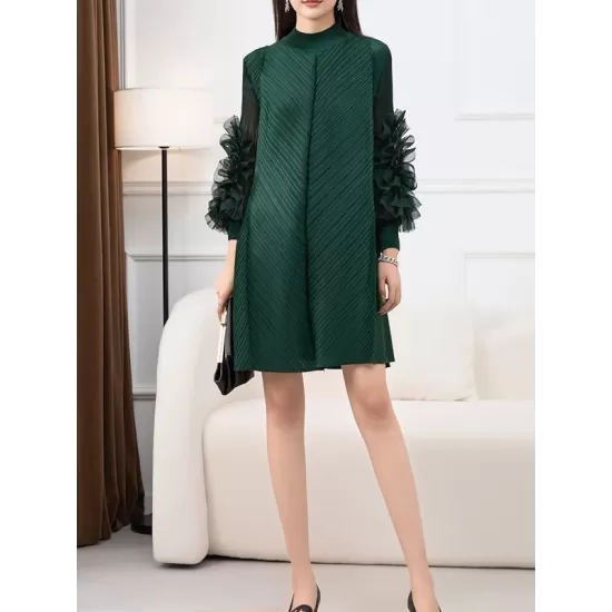 Embroidered Pleated Solid Color Long Sleeves Loose Round-neck Midi Dresses