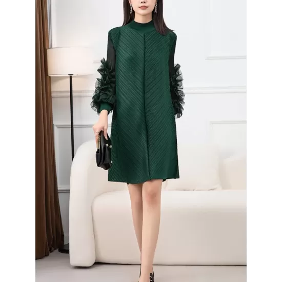 Embroidered Pleated Solid Color Long Sleeves Loose Round-neck Midi Dresses