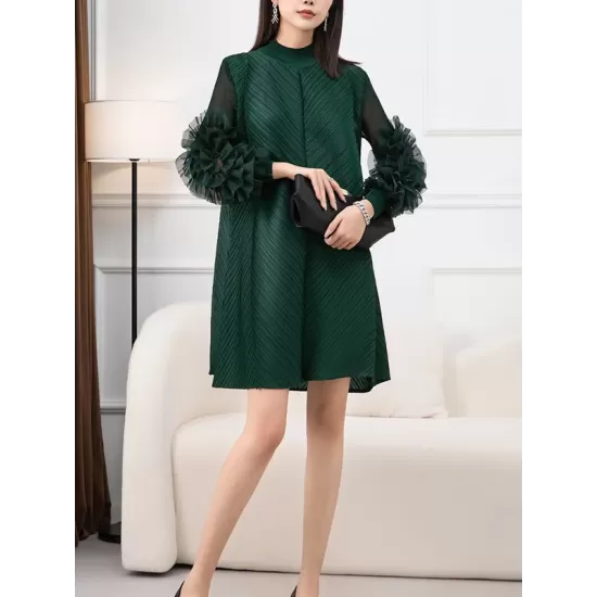 Embroidered Pleated Solid Color Long Sleeves Loose Round-neck Midi Dresses