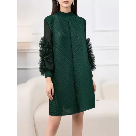 Embroidered Pleated Solid Color Long Sleeves Loose Round-neck Midi Dresses