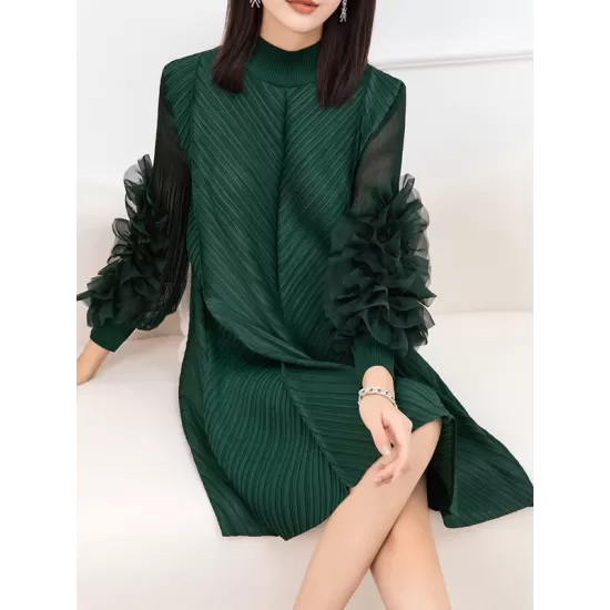 Embroidered Pleated Solid Color Long Sleeves Loose Round-neck Midi Dresses