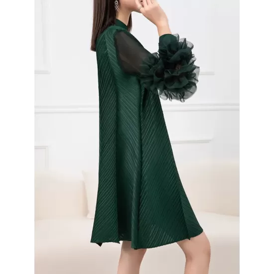 Embroidered Pleated Solid Color Long Sleeves Loose Round-neck Midi Dresses