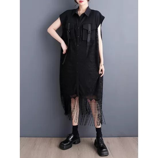 Gauze Pockets Split-Joint Tasseled Short Sleeves Lapel Midi Dresses