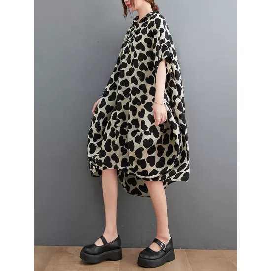 Heart Print Batwing Sleeves Irregular clipping Lapel Midi Dresses