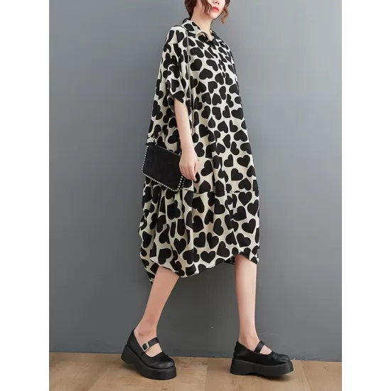 Heart Print Batwing Sleeves Irregular clipping Lapel Midi Dresses