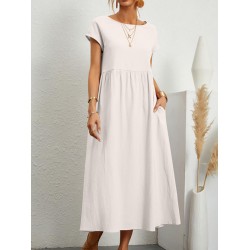 Pleated Solid Color Loose Short Sleeves Round-Neck Midi Dresses