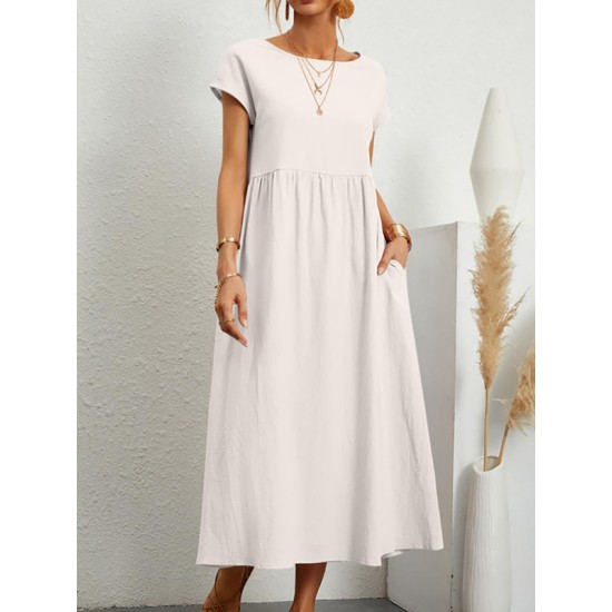 Pleated Solid Color Loose Short Sleeves Round-Neck Midi Dresses