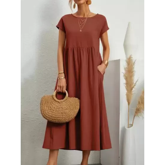 Pleated Solid Color Loose Short Sleeves Round-Neck Midi Dresses