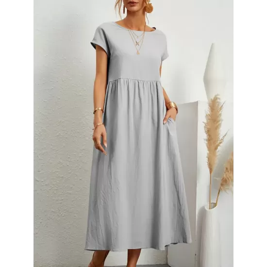 Pleated Solid Color Loose Short Sleeves Round-Neck Midi Dresses