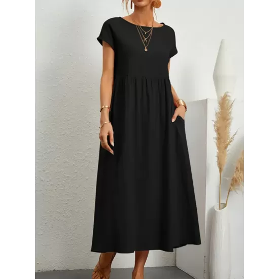 Pleated Solid Color Loose Short Sleeves Round-Neck Midi Dresses