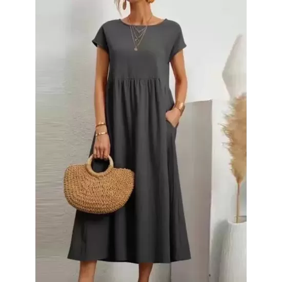 Pleated Solid Color Loose Short Sleeves Round-Neck Midi Dresses