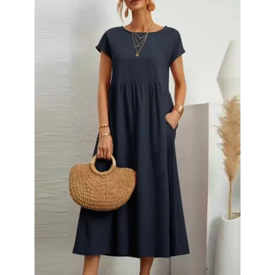 Pleated Solid Color Loose Short Sleeves Round-Neck Midi Dresses