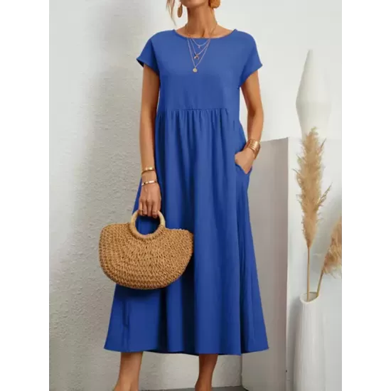 Pleated Solid Color Loose Short Sleeves Round-Neck Midi Dresses